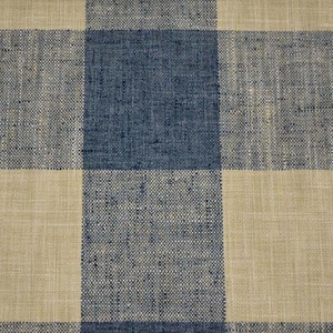 May include: A close-up of a blue and beige checkered fabric. The fabric has a woven texture and a subtle sheen.