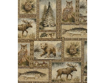 Yellowstone Sand Multicolored Bear Moose Fish Tapestry Regal Upholstery Fabric