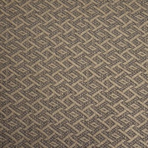 May include: A woven fabric featuring a repeating geometric pattern of interlocking diamonds and lines in shades of dark brown and tan. The textile has a textured surface with a consistent grid-like structure throughout the entire visible area.