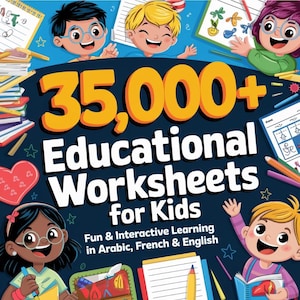 May include: A colorful illustration of 35,000+ educational worksheets for kids. The image features a large yellow number 35,000 with a plus sign. The text "Educational Worksheets for Kids" is written in a bold, colorful font. The image also includes cartoon children holding books and pencils.