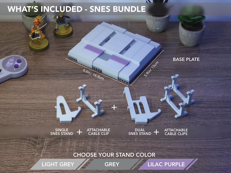 May include: A light grey SNES bundle with a base plate (6.6in x 5.9in), stands, and cable clips. The text "WHAT'S INCLUDED - SNES BUNDLE" is at the top. Choose from light grey, grey, or lilac purple.