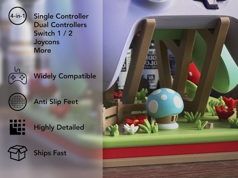 Pode incluir: Acess&oacute;rio de jogo colorido e detalhado com uma casa de cogumelos em miniatura, chap&eacute;u azul e manchas brancas, num cen&aacute;rio verde com flores vermelhas e uma cerca de madeira. Texto: "4 em 1", "Ampla compatibilidade".