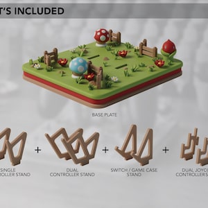 Pode incluir: Um conjunto de acess&oacute;rios para jogos com uma base e suportes. O conjunto inclui um suporte para um controlador, um suporte para dois controladores, um suporte para Switch/estojo de jogo e um suporte para dois Joycon. O texto "WHAT'S INCLUDED" est&aacute; no topo.