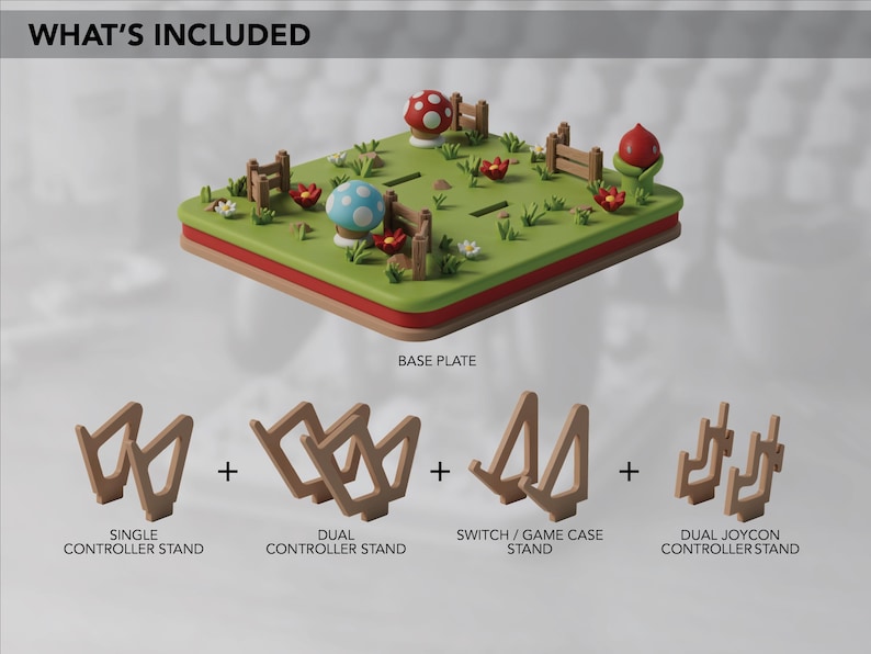Pode incluir: Um conjunto de acess&oacute;rios para jogos com uma base e suportes. O conjunto inclui um suporte para um controlador, um suporte para dois controladores, um suporte para Switch/estojo de jogo e um suporte para dois Joycon. O texto "WHAT'S INCLUDED" est&aacute; no topo.