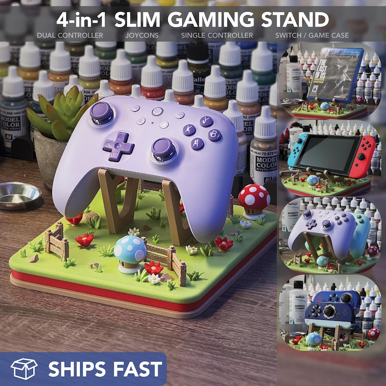 Pode incluir: Uma imagem de um suporte de jogos fino 4 em 1. O suporte &eacute; projetado para segurar um controlador duplo, Joycons, um controlador &uacute;nico e uma capa de jogo Switch. O suporte &eacute; roxo claro e tem uma base decorativa com um gramado verde, cogumelos e uma cerca. O texto "SHIPS FAST" &eacute; vis&iacute;vel.