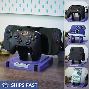 May include: A purple Nintendo Switch dock with a black controller and the text "OB2 Nintendo Switch". The image also shows a Switch console and several other controller designs.