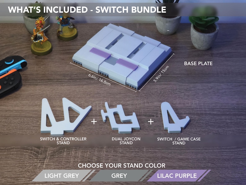 May include: A light grey Switch bundle with a base plate measuring 6.6 inches by 5.9 inches, plus stands for the controller, Joycons, and game case. The text says "Choose Your Stand Color" with options in light grey, grey, and lilac purple.