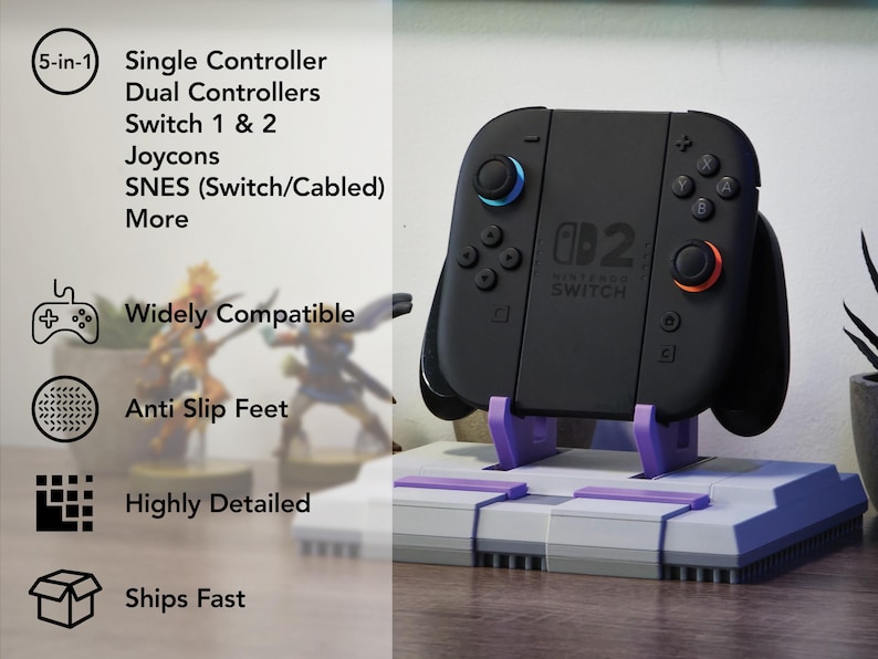 May include: Black Nintendo Switch controller with blue and red accents, resting on a gray and purple stand. The stand is designed to resemble a SNES console. Text on the controller reads "Nintendo Switch". The image also includes text indicating compatibility and features.