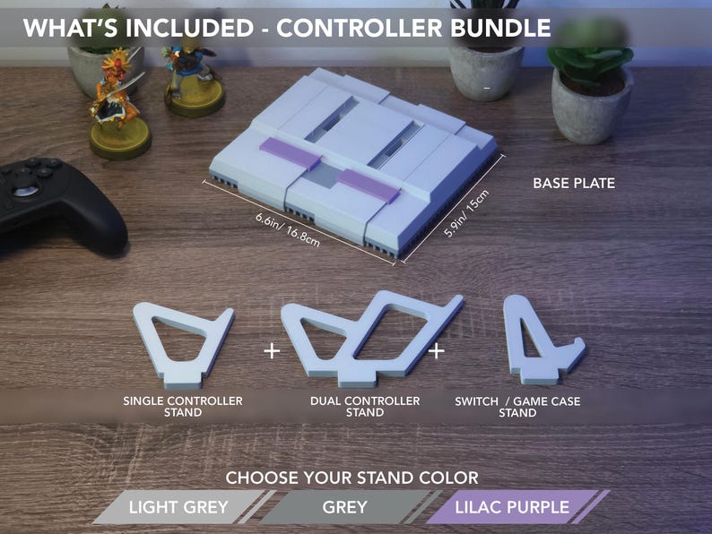 May include: A controller bundle includes a base plate (6.6in x 5.9in), single and dual controller stands, and a Switch/game case stand. Choose your stand color: light grey, grey, or lilac purple.