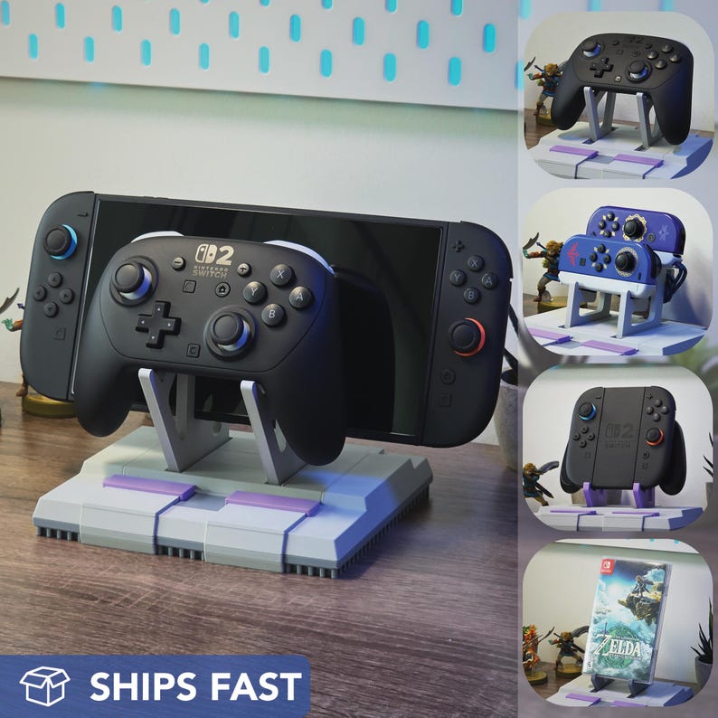 May include: A black Nintendo Switch console with a controller is displayed on a gray and purple stand. The stand has a retro design. Additional controllers and a game case are also shown.