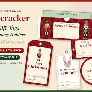 Nötknäpparcore Julklappsetiketter, Pengahållare, Flasketiketter (Redigerbar PDF)