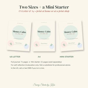 May include: Three printable journal covers titled Money Calm with the subtitle color + breathe + reflect. The designs feature a large pale green circle, small pink and blue circles with leaf icons, and a line for a name. Text includes US Letter, A4, and Mini Starter options, plus page counts of 71 and 21 pages.
