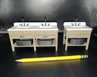 1:12 scale Bathroom Vanity Single or Double Sink with Wicker Baskets. Modern Dollhouse
