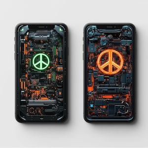 Puede incluir: Dos teléfonos inteligentes negros con un gráfico de signo de paz en la pantalla. El signo de paz es verde en un teléfono y naranja en el otro. Los teléfonos están colocados sobre un fondo blanco.