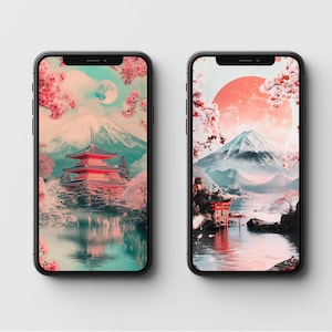 Puede incluir: Dos maquetas de pantalla de teléfono con una escena de montaña japonesa. La imagen de la izquierda presenta una pagoda roja frente al monte Fuji con flores de cerezo. La imagen de la derecha presenta una puerta torii roja frente al monte Fuji con flores de cerezo.