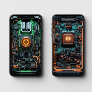 Könnte beinhalten: Zwei schwarze Smartphones mit unterschiedlichen Bildschirmdesigns. Das linke Telefon hat ein grünes und orangefarbenes Leiterplatten-Design. Das rechte Telefon hat ein orangefarbenes und blaues Leiterplatten-Design.