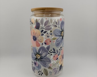 Wildflower Glass Cup with Bamboo Lid | Floral Iced Coffee Cup | Cottagecore Aesthetic Drinkware | Pastel Flower Tumbler Gift
