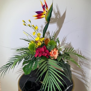 Tropical Artificial Flower Centerpiece – Vibrant Luau Table Decor, Orchids, Hawaiian Wedding Flowers, Palm & Hibiscus Arrangement