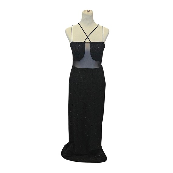 blondie nites black prom dress Tyler Long Mesh Tiered Spaghetti Strap Gown