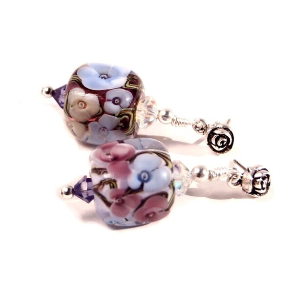 Pink Purple Violet  Earrings Lampwork glass beads purple, violet, periwinkle, pale blue and green floral cubes pink purple white