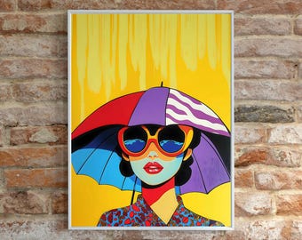 Woman in Umbrella Hat - Digital Printable Poster, Fashion Wall Art, Colorful Pop Art Woman, Vibrant Pop Art Portrait of a Stylish Woman
