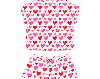 Pijama con estampado de corazones / Ropa de estar por casa para mujer en rojo y rosa