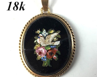 Antique 19th Century Italian Micro Mosaic 18k Mounted Flower and Dove Pendant