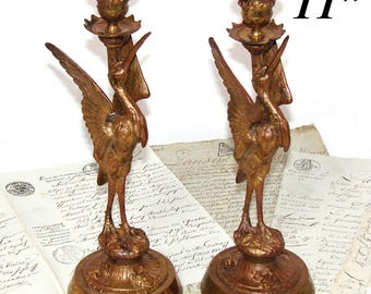 Antique Victorian Era 11&quot; Gilt Candlestick or Candle Holder Pair, Crane Figures