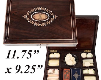 Antique French Boulle Gaming or Card Playing Box, c.1850, Gaming Tokens, Cards