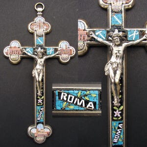 Antique Italian Micro Mosaic Cross Crucifix, Grand Tour Rome Souvenir, St Peters