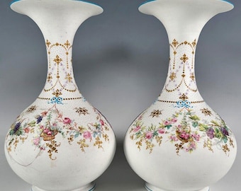 Pair Antique French 19th C. Porcelain Vases, Hand Painted and Raised Gold Enamel