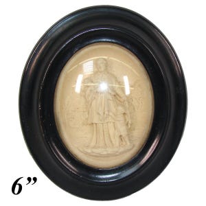 Antique French Napoleon III Era Carved Chalk Religious Plaque, Oval Black Frame