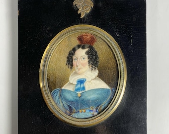 Antique English Portrait Miniature, c.1820-30s, Fashionable Woman with Mantilla