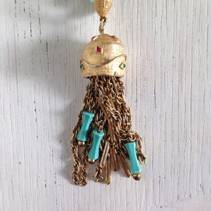 Unique Mid Century Necklace / 60s Vintage / Jewelry Necklace / Gold Chain / Turquoise Beading / High Fashion / Gift