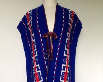 Rich Blue Boho Poncho / Jacket Sweater / White Red Detailing / Festivals Clothing / Cover Up / Bathing Suit Cover