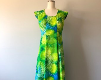 Vintage Hawaiian Dress / Maxi Dress / Green Blue White Pattern / Weddings Bridesmaids / Vacation Wear / Boho Dresses / Hawaiian Dresses