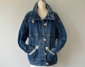 Jean Vintage Jacket / Striped Detailing / Nautical Style / Sailer Anchor Buttons / Spring Summer Jacket / 80s Jean Clothing / Gift / Size M