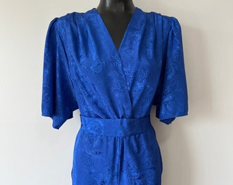 Blue Floral Onesie / Pockets and Detachable Belt / Rich Blue Vintage One Piece / 80s Evening Wear / Sexy 80s Fashion / Gift