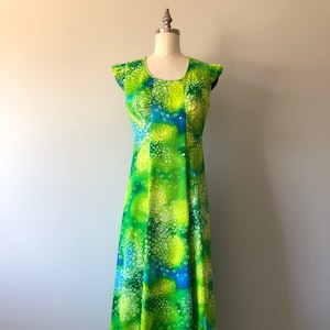 Vintage Hawaiikleid / Maxikleid / Grün Blau Weiß Muster / HochzeitEn Brautjungfern / Urlaubskleidung / Boho Kleider / Hawaiikleider