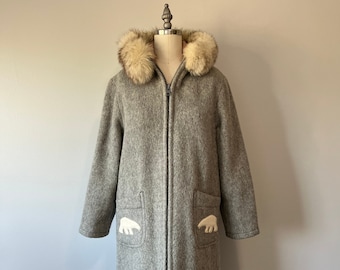 Authentic Inuit Parka / Vintage 70s Coat / Grey Wool / Fur Trim / Eskimo Polar Bear Igloo Detail / Winter Fall Coat / Unique Gifts