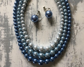 Collar de perlas Rockabilly vintage de los años 60 / Coloración azul gris / Pendientes a juego / Set de joyas / Accesorios de boda vintage