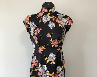 Aziatische stijl jurk / handgemaakte jaren '70 jurk / bloemenpatroon / Petite Size / jaren '70 vintage jurk / avond cocktailjurk / oosterse jurk