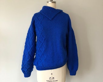 Hand Knit Sweater / Vintage Cotton Blend / Handmade Fall Sweater / Ski Slope Wear / Apres Ski Clothing / Vintage Knit Wear / Rich Royal Blue