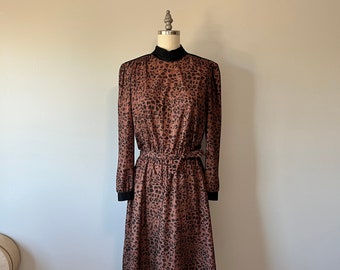 Vintage 80er Jahre Kleid Leopard Muster, lange Ärmel mit Gürtel - Gr. S