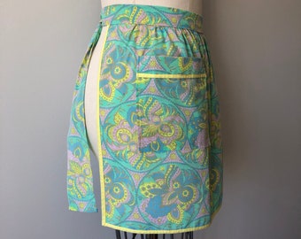 Vintage jaren '50 schort / Groen Blauw Geel Kleuren / Floral Paisley Patroon / Country Chic / Keuken Kookaccessoires