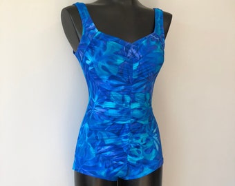 Blue Leaf Patterned One Piece / Pin Up Vintage Style Swimsuit / Beach Wear / Vacation Bathing Suits