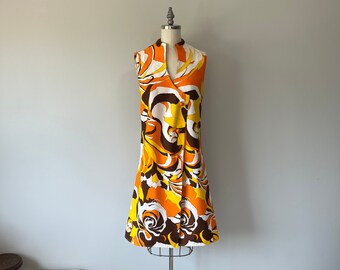 Levendige vintage jurk / handgemaakte jaren '60 mod jurk / abstract patroon / dag- of avondjurk / jaren '60 mode jurk / oranjegele bruine kleuren