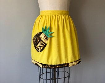 Yellow Unique Handmade Apron / Pineapple Hawaiian Pattern / Pineapple Pocket / Handmade Vintage 60s Cooking Aprons