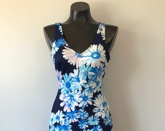 Floral Bathing Suit / One Piece Swimsuit / Flower Power Swim Wear / 60s Vacation Wear / Blue and White / Beach Clothing / PinUp Style / Gift
