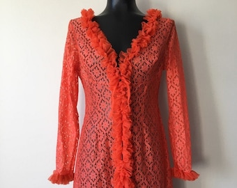 Vintage Darling Ruffled Nylon Lingerie Coat - S/M, Made in Canada